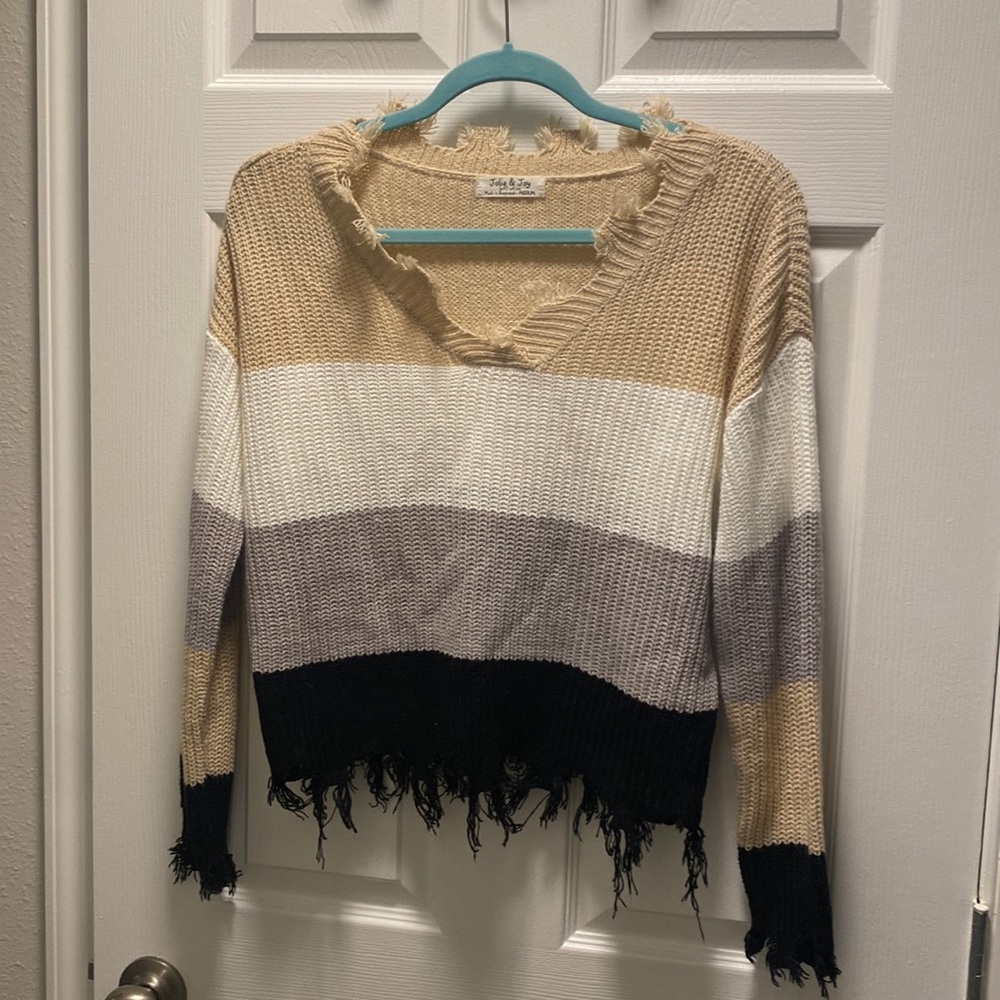 MEDIUM Distressed Stripped V-Neck Sweater